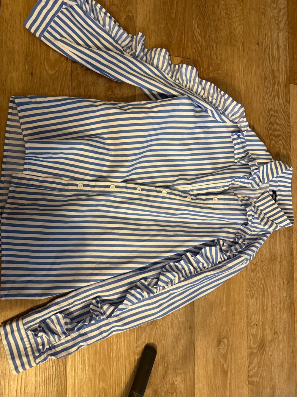 Boohoo Blue and White Striped Ruffle Button-Down Shirt - Picture 4 of 4